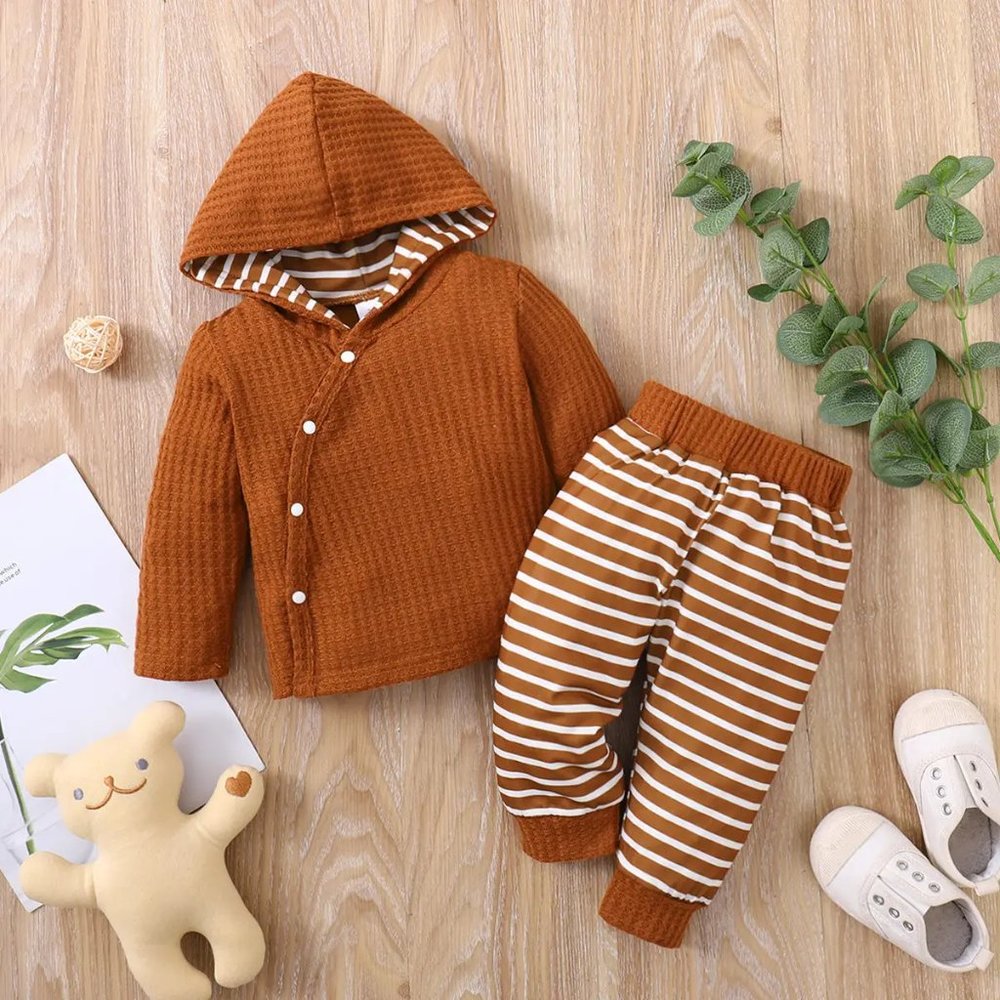 2pcs Baby Boy Burnt Orange Waffle Hooded Snap Top and Pants Set
